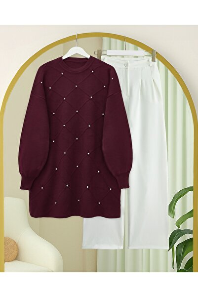 Modamorfo تونيك تريكو مربع منقوش بتفاصيل حجرية - لون بورجوندي