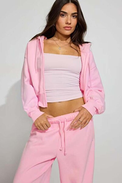 Seeh Pembe Crop Kapşonlu Fermuarlı Kadın Sweatshirt SH299