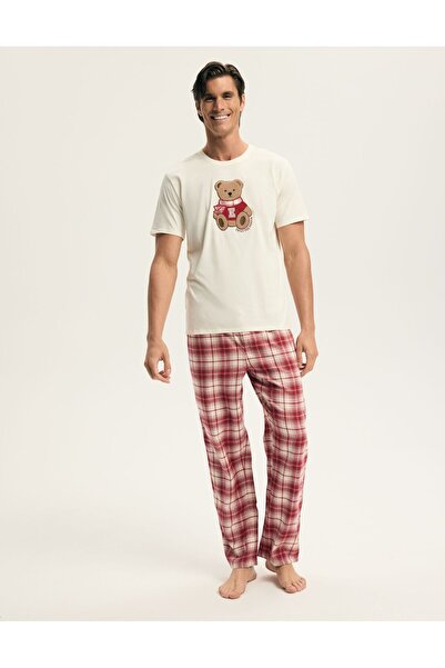 ESOTIQ HOMME Men's Pajama Set Christmas Pattern Teddy Bear & Plaid Trousers 100% Cotton | Chrismis