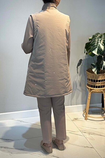 Lale Butik Stone Detail Quilted Vest Set Piece Set 25143 Beige