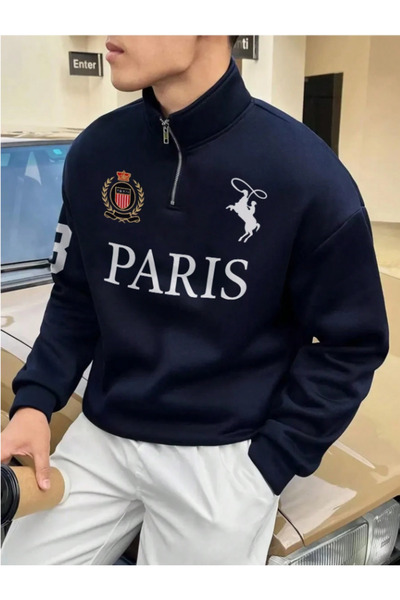 MOONBULL Erkek Paris Baskılı Dik Yaka Fermuarlı Kışlık Uzun Kollu Sweatshirt
