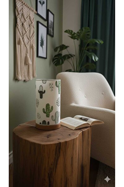 poplinhome Ahşap Taban Kaktüs Desen Kumaş Şapka Abajur Masa Lambası