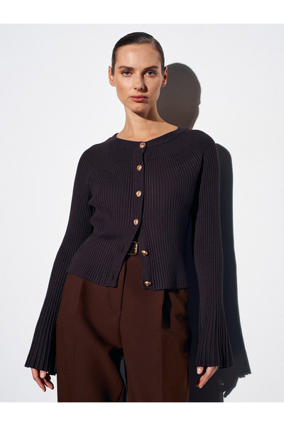 Dilvin 60246 Ισπανικό πλεκτό πουλόβερ ζακέτα-Σκούρο καφέ