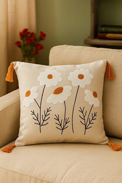 Sepetorium Beyaz Papatya Desenli Punch Boho Kırlent Kılıfı – Hardal Püsküllü ...