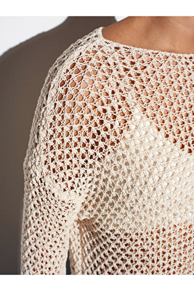 Dilvin 10807 Boat Neck Lace-Like Knit Knitwear Sweater-Ecru