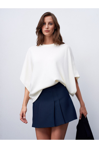 Dilvin 10835 Crew Neck Batwing Sleeve Sweater-Ecru