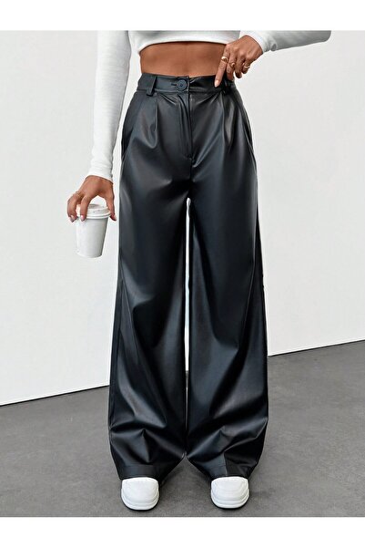 BORCKA TEKSTİL Siyah Renk Yüksek Bel Deri Geniş Paça Kadın Pantolon