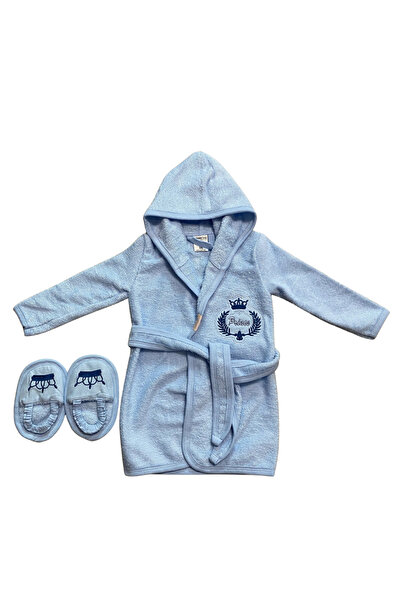 OEM Halat bebe din bumbac cu glugă și papucei asortați, broderie „Prince”