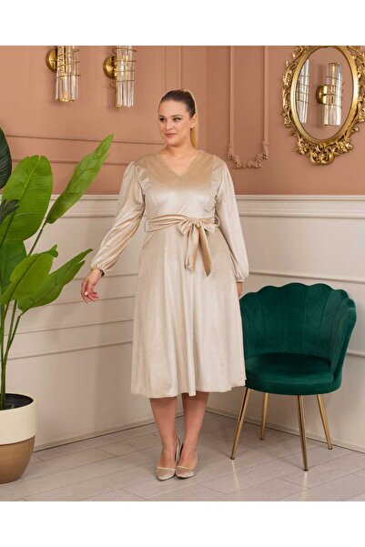 CİXAPLE V-Neck Flared Midi Velvet Dress