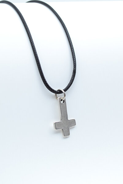 ıdr Minimal Ters Haç Gümüş Kaplama Deri İp Kolye