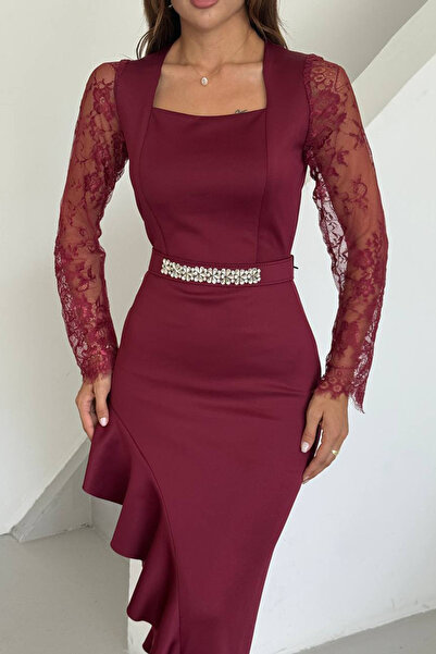 Neşeli Butik Дамска асиметрична вечерна рокля с дантелени детайли и камъни NB...