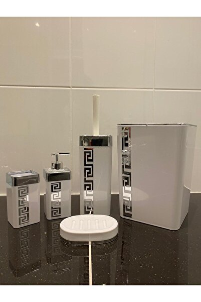 TrendBanyoMutfak طقم حمام فاخر من 5 قطع باللون الأبيض والفضي |   وعاء للصابون، سلة مهملات، مجموعة فرش