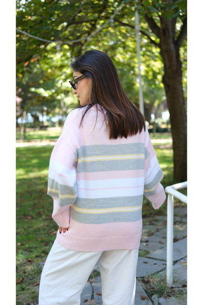 Butik Una Fiaba-Pembe Oversize Bisiklet Yaka Yumuşak Dokulu Triko Kazak