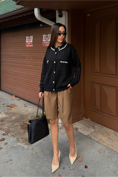 Fav Style Women's Crew Neck Stone Embroidered Buttoned Long Sleeve Cardigan Black