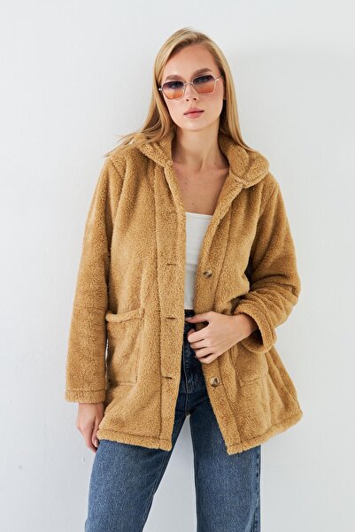 Kutaf Camel Buttoned Oversized Plush Coat – Soft Fleece Unlined Jacket