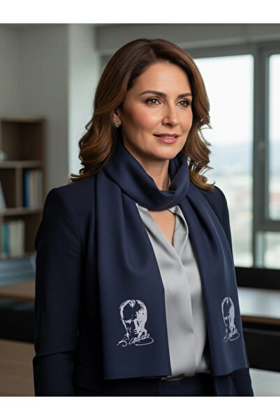 Elit Scarf وشاح مطبوع عليه صورة أتاتورك - أزرق داكن