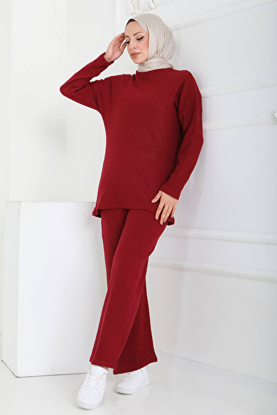 TOFİSA طقم إنترلوك كيه حياكة مضلعة مزدوج باللون الأحمر الداكن - 27837-BORDO