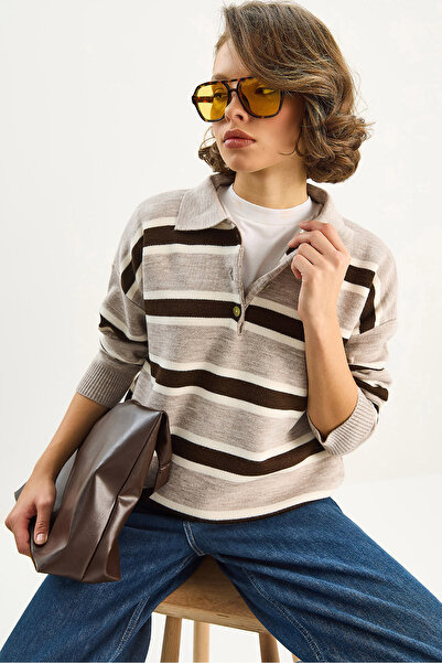 Bianco Lucci Women's Striped Polo Neck Knit Sweater Tk251127 60283704