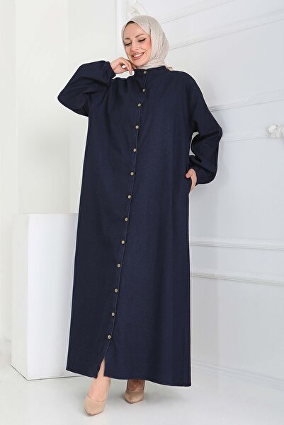 TOFİSA Buttoned Elastic Ankle Jeans Dress Dark Navy Blue - 27865-Dark Navy Blue