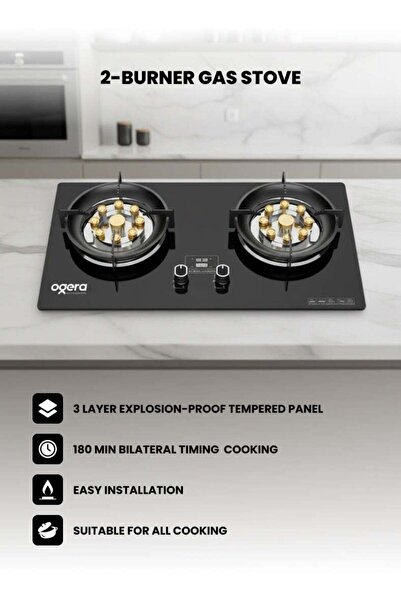 Ogera 2-Burner Glass Gas Hob OG3010GC (9-Cavity Wok Burner, Tempered Glass, Flameout Protection)