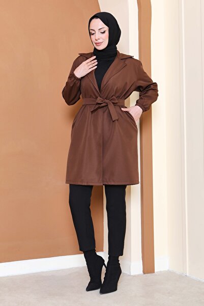 TOFİSA Kuşaklı Kolu Lastikli Miranda Trençkot Kahve - 27799-KAHVE