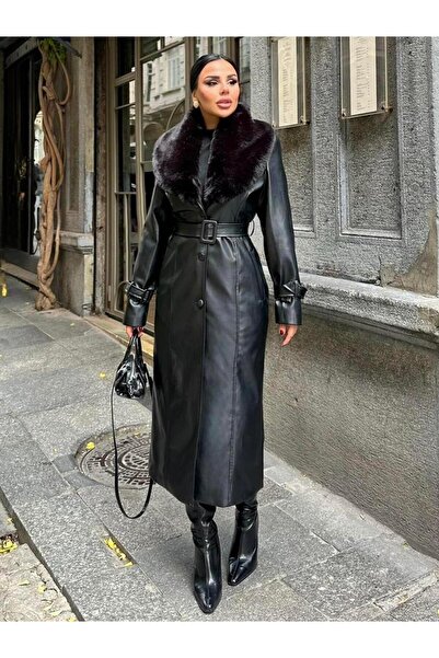 bykadriyeyılmaz Loyra Kürk Detaylı Deri Kaban Siyah