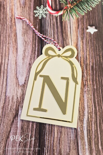 PEKSHOP Initial Letter Window Model Bow Christmas Tree Ornament - Gold Initial Letter and Bow Design New Year Ornament