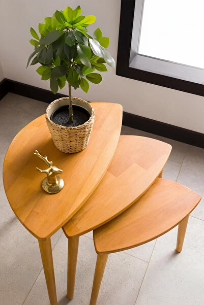 Fawdecor Premium Modern Tasarım 3’lü Masif Doğal Ahşap Zigon Sehpa Seti