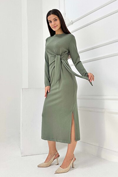 TOFİSA Modal Dress with Side Tie Detail Khaki - 27880-Haki