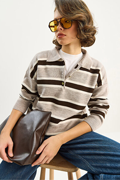 Bianco Lucci Women's Striped Polo Neck Knit Sweater Tk251127 60283704