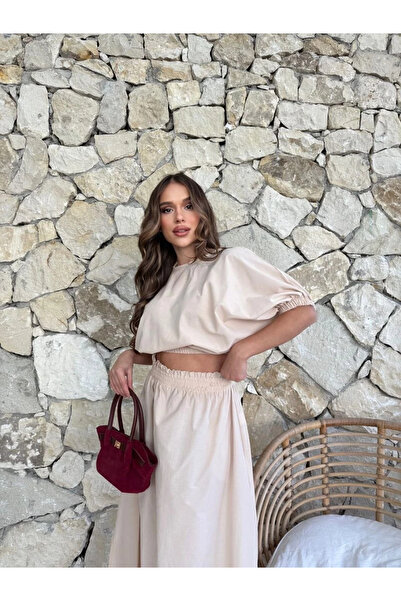 Buklemoda Crop Blouse and Skirt Bottom Top Set Beige