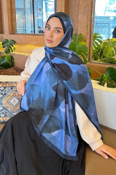 lamelif Yaprak Desen Bambu Şal Lacivert