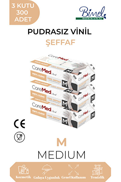 COREMED Vinil Şeffaf Pudrasız Muayene Eldiveni M - 3 Paket 100'lü