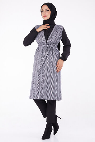 TOFİSA Patterned Belted Vest Gray - 27758-Gri