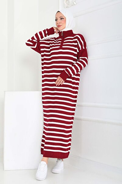 TOFİSA Zippered Striped Knitwear Dress Claret Red - 27931-Bordo
