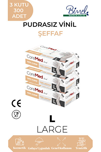 COREMED Vinil Şeffaf Pudrasız Muayene Eldiveni L - 3 Paket 100'lü