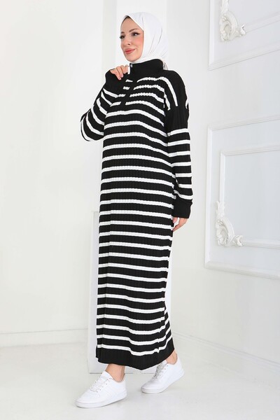 TOFİSA Zippered Striped Knitwear Dress Black - 27931-Black