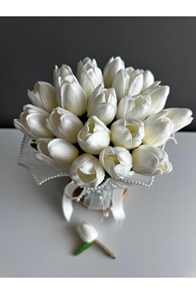 Luvienn İnci Tüllü Islak Lale Buketi-Beyaz Lale Gelin Çiçeği El Buketi
