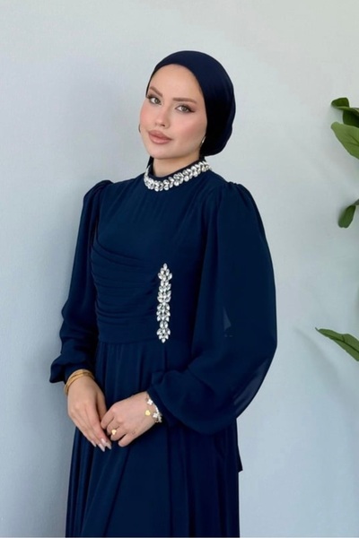 GÜZELLER Şifon Broşlu Boğazı Taşlı İsteme Söz Nişan Nikah Özel Gün Elbisesi Abiyesi