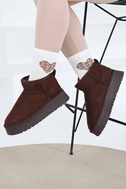 TOFİSA Cizme de damă maro cu talpă înaltă din piele intoarsa - 27783-BROWN