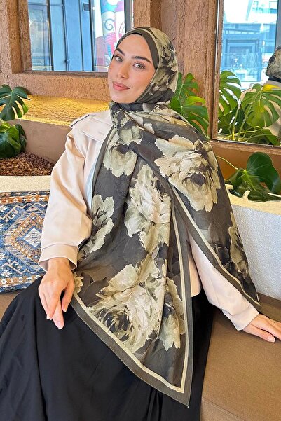 lamelif Flower Desen Bambu Şal Koyu Yeşil