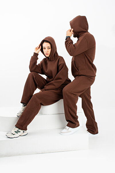 grand coco Women's Men's 3 Thread Ş Fleece-Lined O Oversized Wide Leg Brown Tracksuit Set (Single)