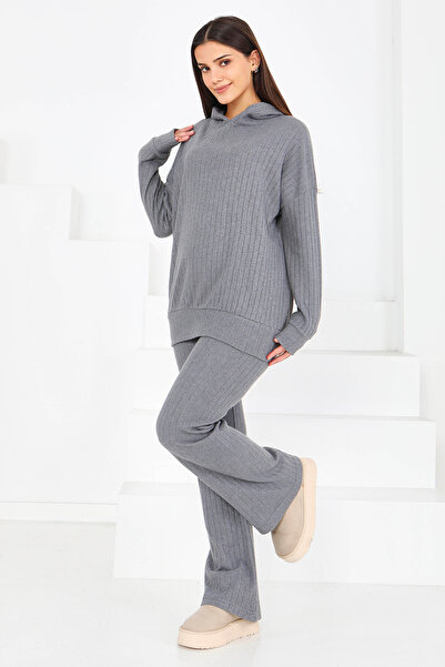 TOFİSA طقم مكون من قطعتين بأكمام طويلة حياكة مضلعة - 27815-FUME