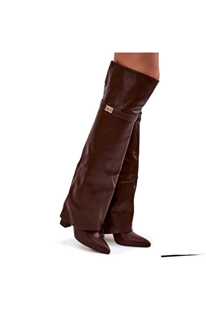 BOTO Cizme izolate cu tivul răsucit peste genunchi toc bloc maro Serelle 36