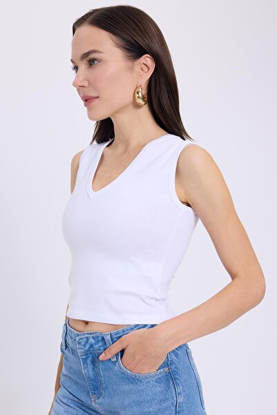 Tudors Γυναικεία μπλούζα εφαρμοστό με λεπτή εφαρμογή με λαιμόκοψη σε σχήμα V, με μηδενικό μανίκι, βαμβακερή ριμπάνι, λευκή μπλούζα