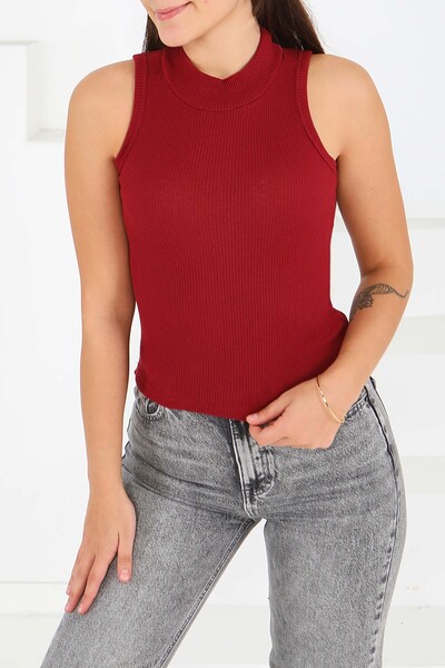 TOFİSA Zero Sleeve tricotaj cu striații Crop Burgundy - 27801-BORDO