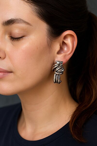 TURBİJ Silver Color Knotted Curved Modern Women's Earrings