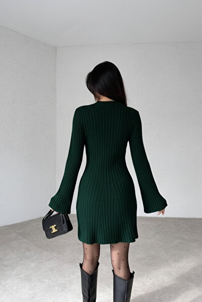 Cloudy Kids Kadın Mini Fitilli Kışlık Zümrüt Yeşili Triko Kazak Elbise