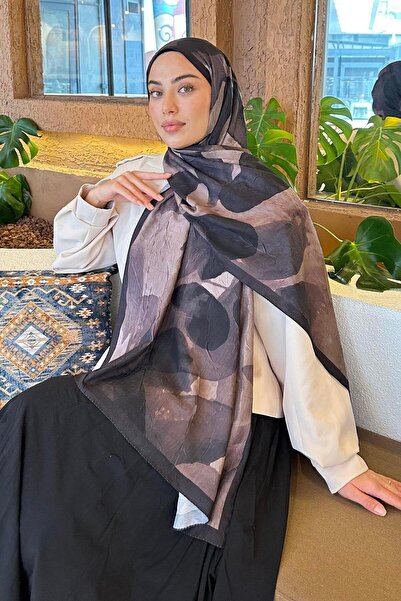 lamelif Yaprak Desen Bambu Şal Siyah Kahverengi