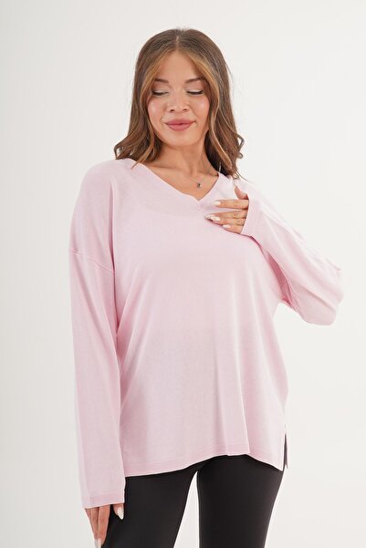 Hipo Trend Pulover tricotat roz subțire cu decolteu în V cu fantă